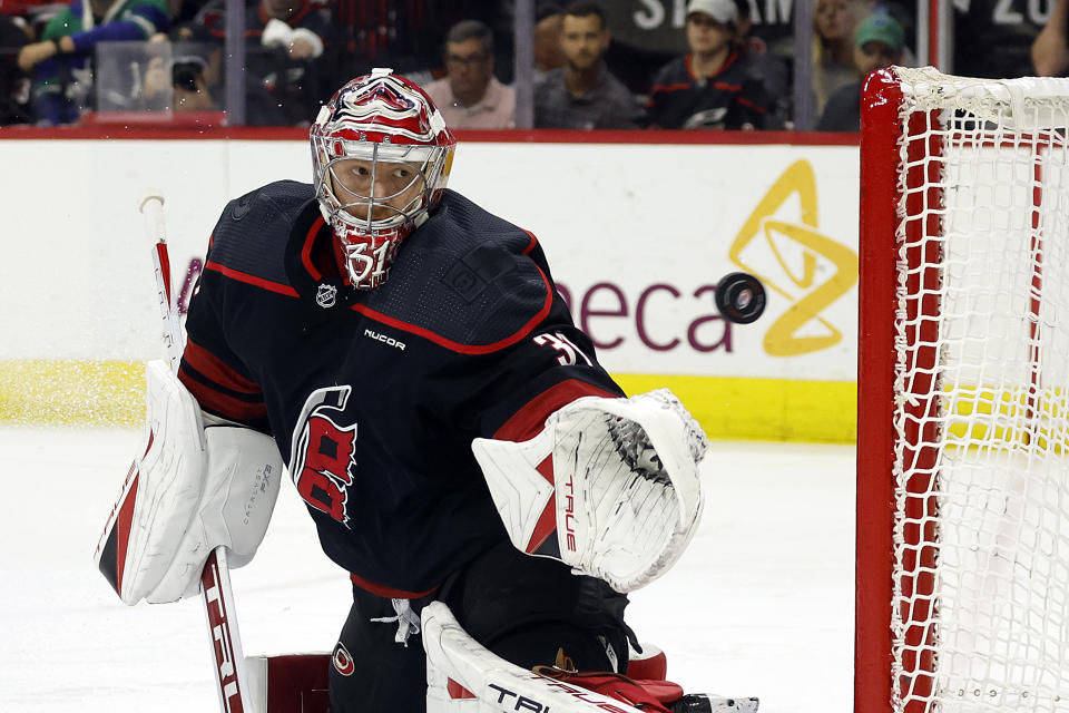 Carolina Hurricanes goaltender Frederik Andersen (31) watches the puck go wide of the net during the first period in Game 4 of an NHL hockey Stanley Cup second-round playoff series against the New York Rangers in Raleigh, N.C., Saturday, May 11, 2024. (AP Photo/Karl B DeBlaker)