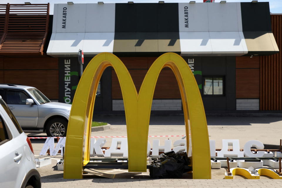 A view shows the dismantled McDonald's Golden Arches after the logo signage was removed from a drive-through restaurant of McDonald's in Khimki outside Moscow, Russia May 23, 2022. The world's largest burger chain McDonald's said that it would sell its Russian business to its current licensee, Alexander Govor, who would operate the restaurants under a new brand. REUTERS/Lev Sergeev