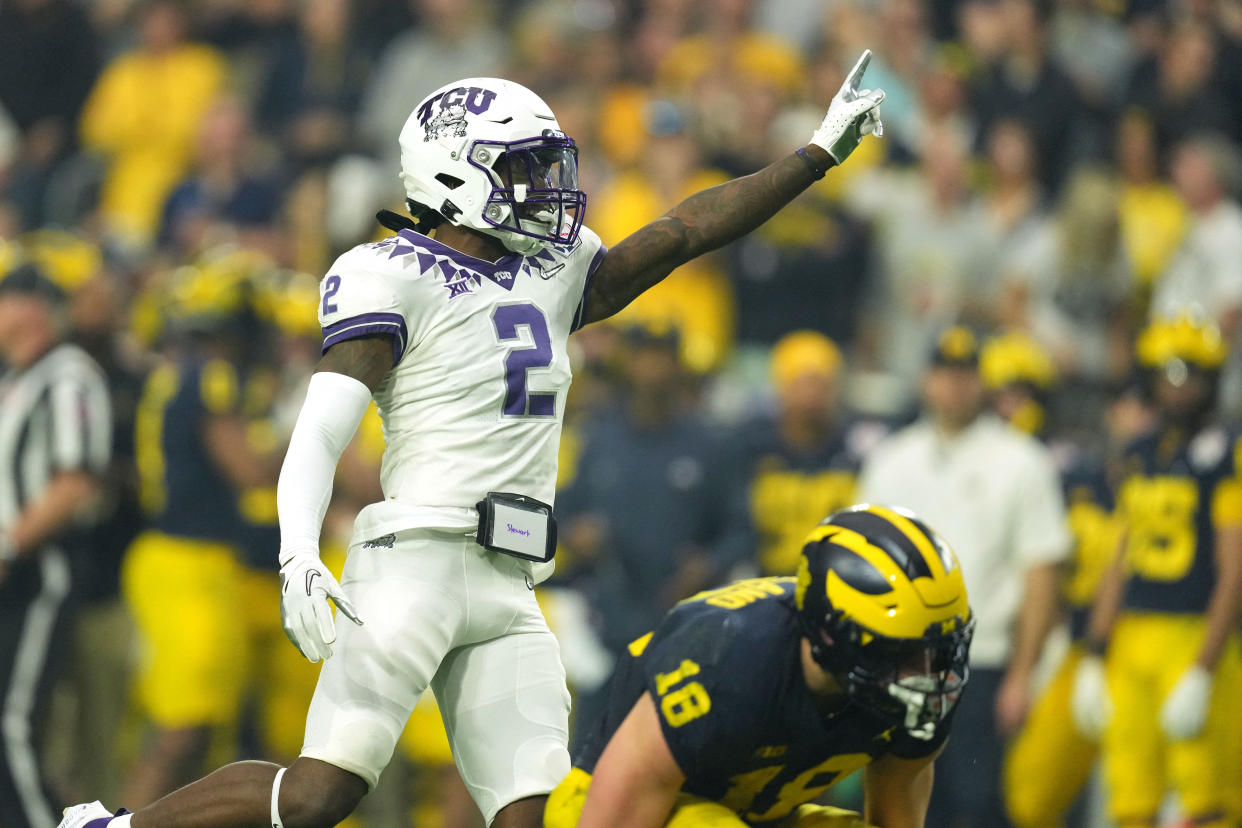 TCU cornerback Kee'Yon Stewart gestures after a play against Michigan during the Horned Frogs' win in the Fiesta Bowl. (Kirby Lee-USA TODAY Sports