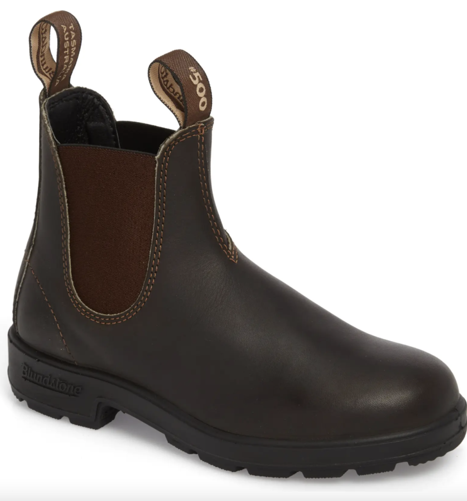 Blundstone Stout Water Resistant Chelsea Boot in Stout Brown Leather and black lugged soles (Photo via Nordstrom)