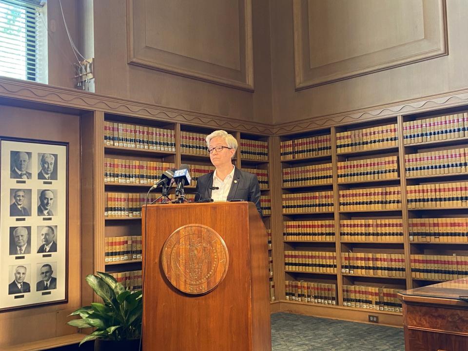 Gov. Tina Kotek speaks to the media Wednesday about the appointment of a new secretary of state and the end of the legislative session.