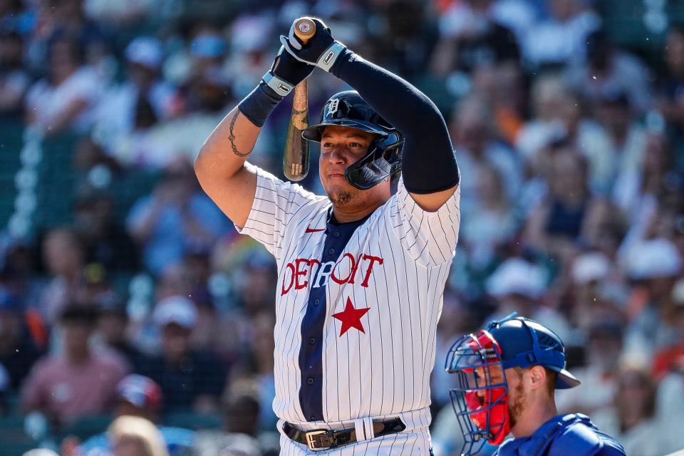 Detroit Tigers designated hitter Miguel Cabrera (24) bats against the Texas Rangers during the fourth inning at Comerica Park in Detroit on Saturday, June 18, 2022.