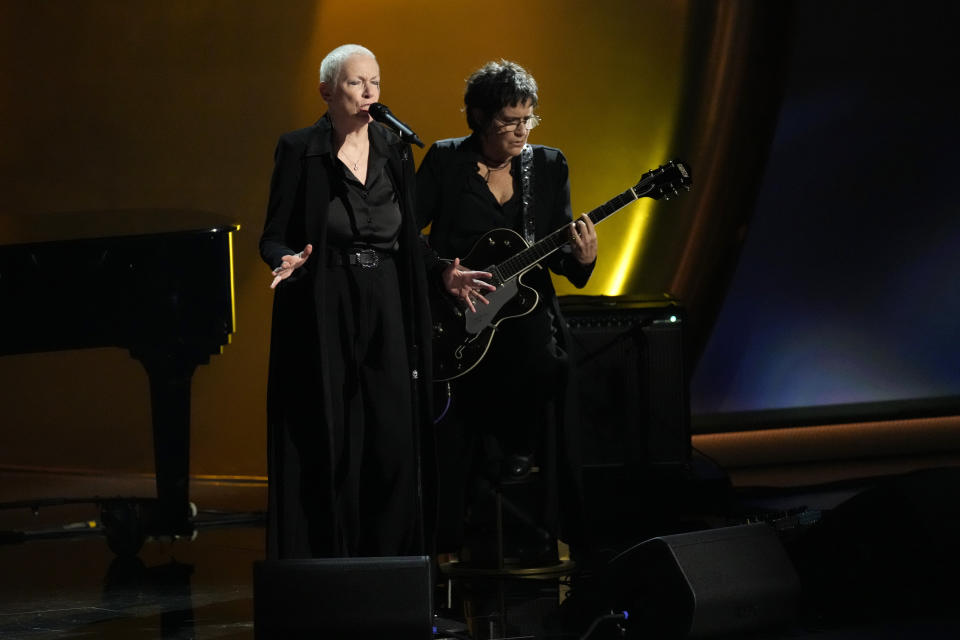 Annie Lennox pays tribute to Sinead O'Connor during the 66th annual Grammy Awards on Sunday, Feb. 4, 2024, in Los Angeles. (AP Photo/Chris Pizzello)