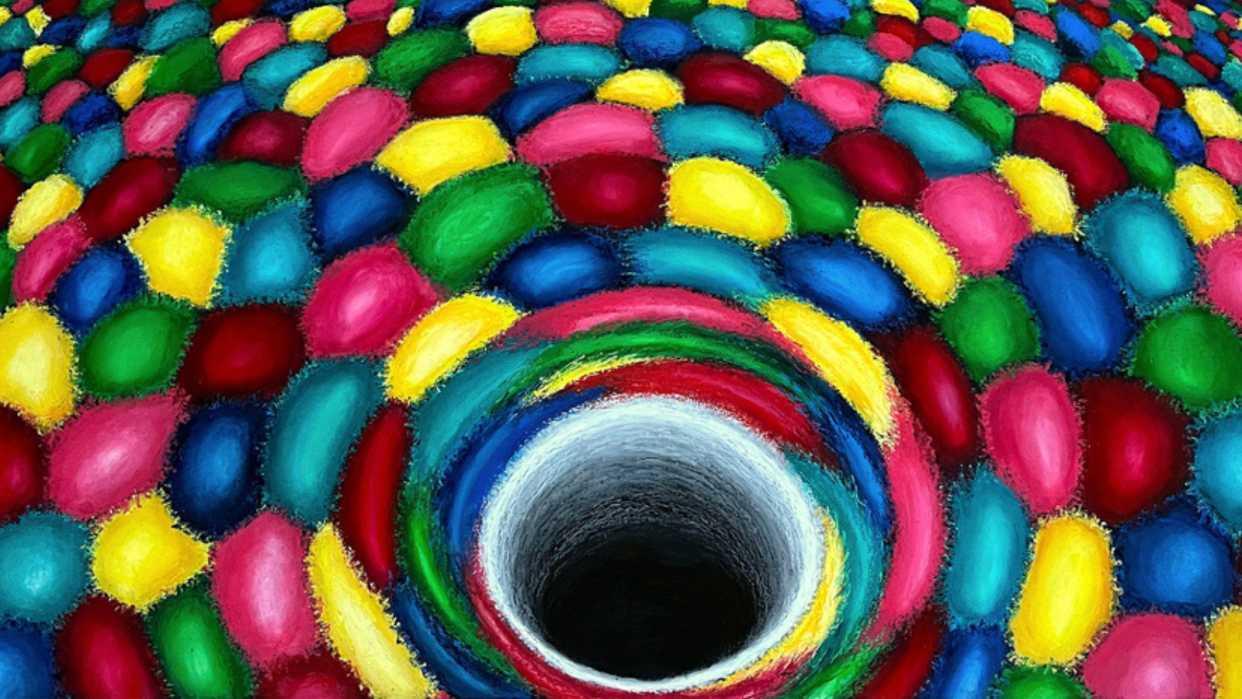  A black circle outlined with a white swirl in a sea of red, blue, yellow and green blobs. 