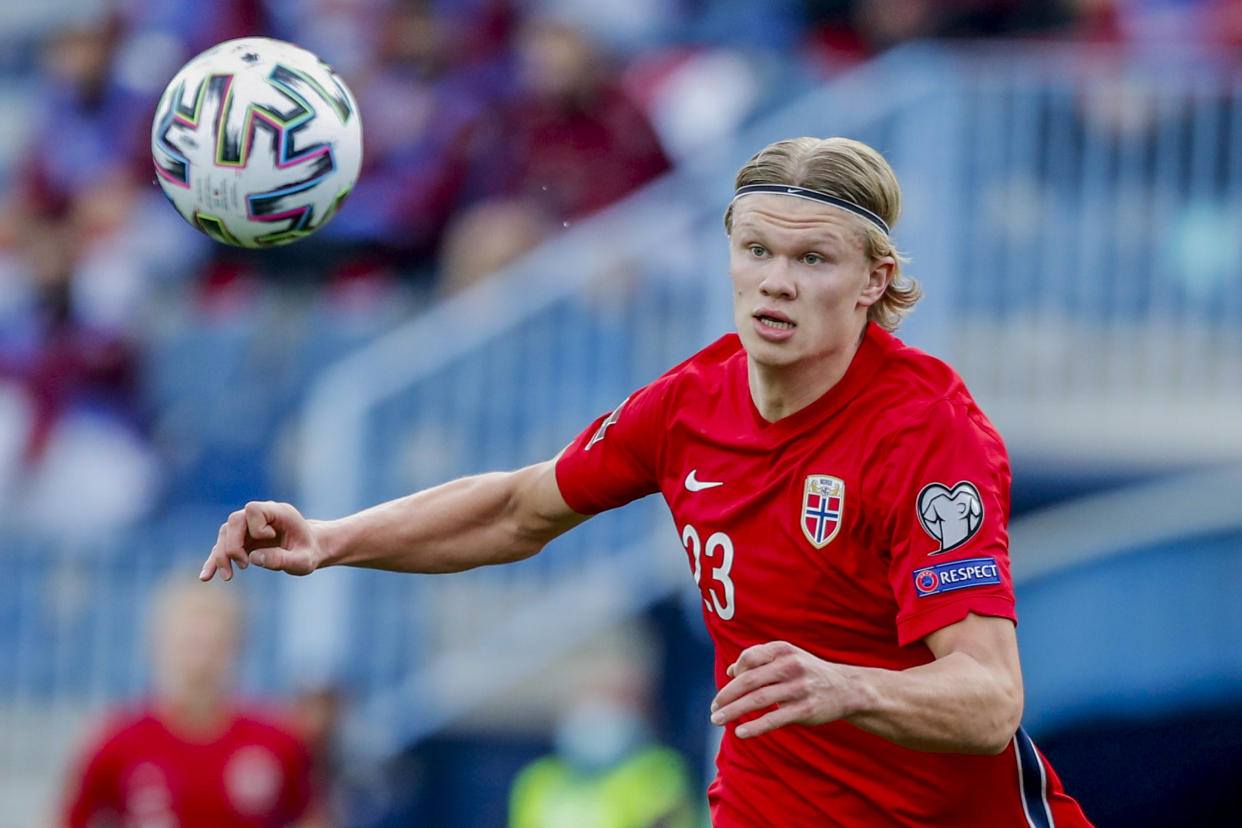 FILE - Norway's Erling Haaland controls the ball during a World Cup 2022 group G qualifying soccer match between Norway and Turkey at La Rosaleda stadium in Malaga, Spain, Saturday, March 27, 2021. (AP Photo/Fermin Rodriguez, File)
