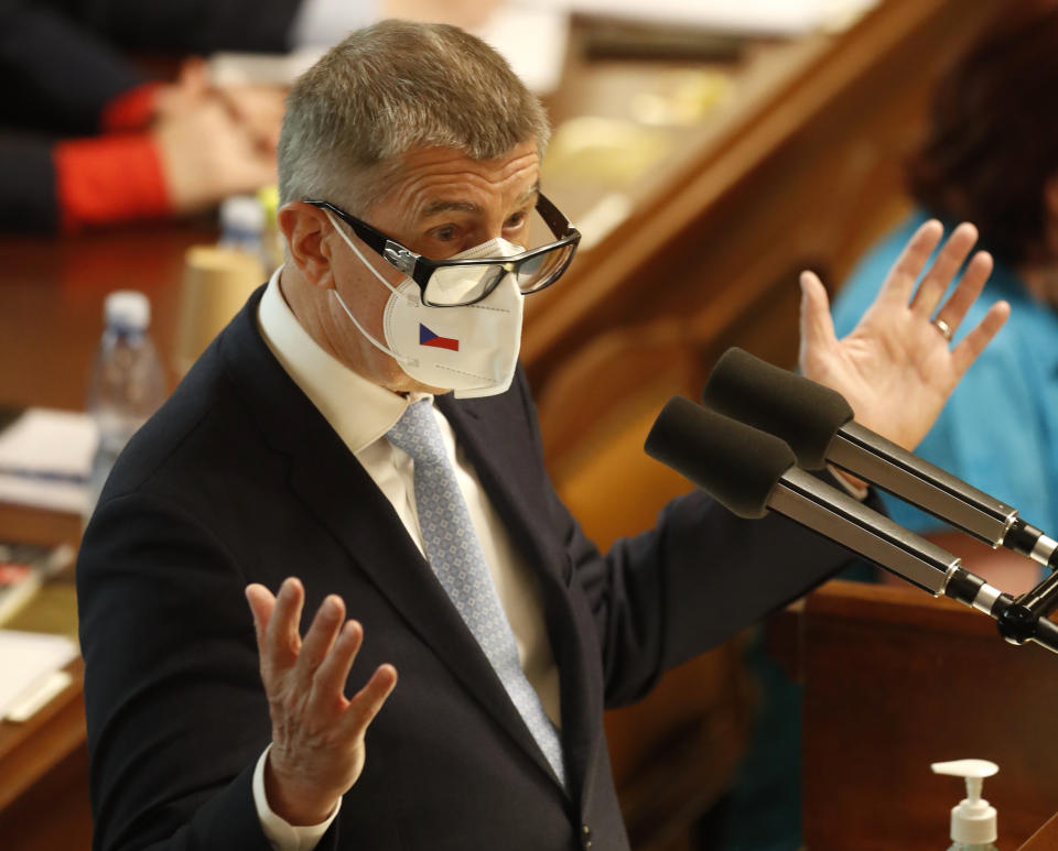 Czech Republic's Prime Minister Andrej Babis addresses lawmakers during a parliament session in Prague, Czech Republic, Thursday, June 3, 2021. The Czech coalition government led by populist Prime Minister Andrej Babis is facing a parliamentary no-confidence vote during the session. (AP Photo/Petr David Josek)