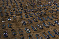 Graves of people who died in the past 30 days fill a new section of the Nossa Senhora Aparecida cemetery, amid the new coronavirus pandemic in Manaus, Brazil, Monday, May 11, 2020. The new section was opened last month to cope with a sudden surge in deaths. (AP Photo/Felipe Dana)