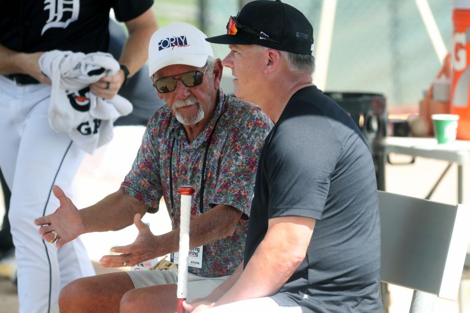 Jim Leyland talks with Detroit Tigers manager A.J. Hinch during spring training at TigerTown in Lakeland, Fla., on Thursday, Feb. 23, 2023.