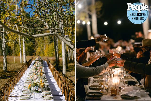 <p>Carter Rose </p> Photos of the couple's welcoming dinner table set in the woods.