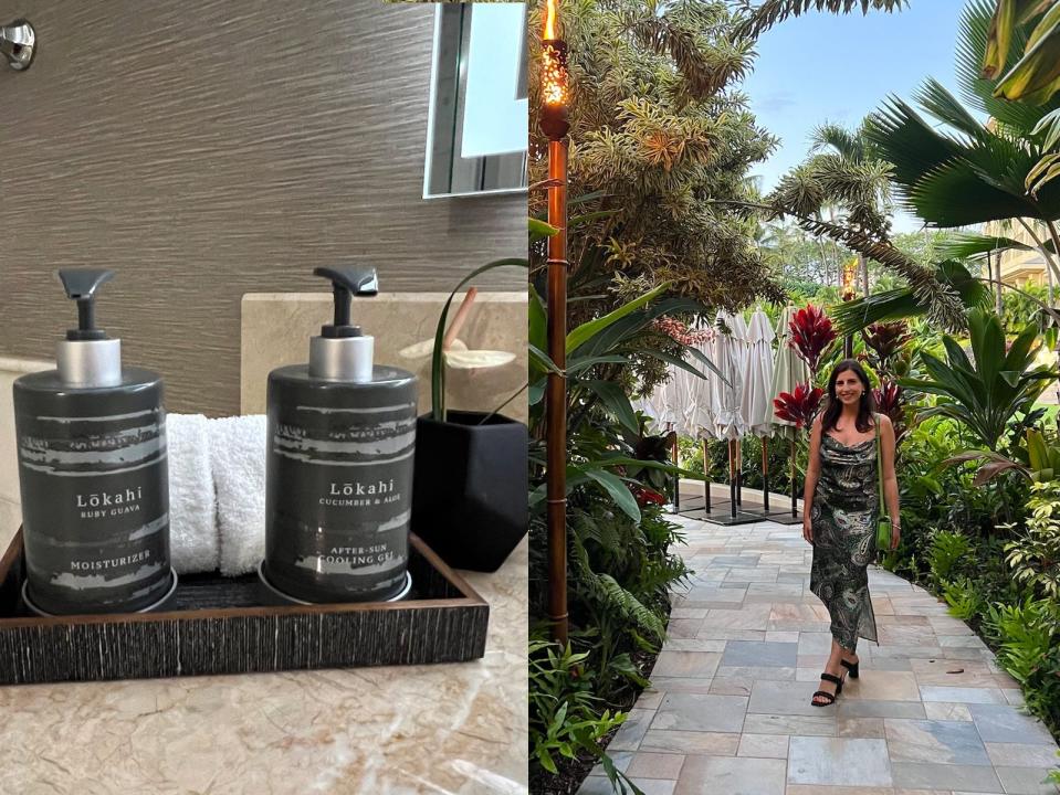 A split image shows toiletries at the Four Seasons Maui at Wailea on the left, and a woman wearing a green dress on the right.