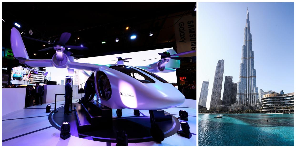 A white flying taxi with six propellors stitched next to the Burj Khalifa, the tallest building in the world