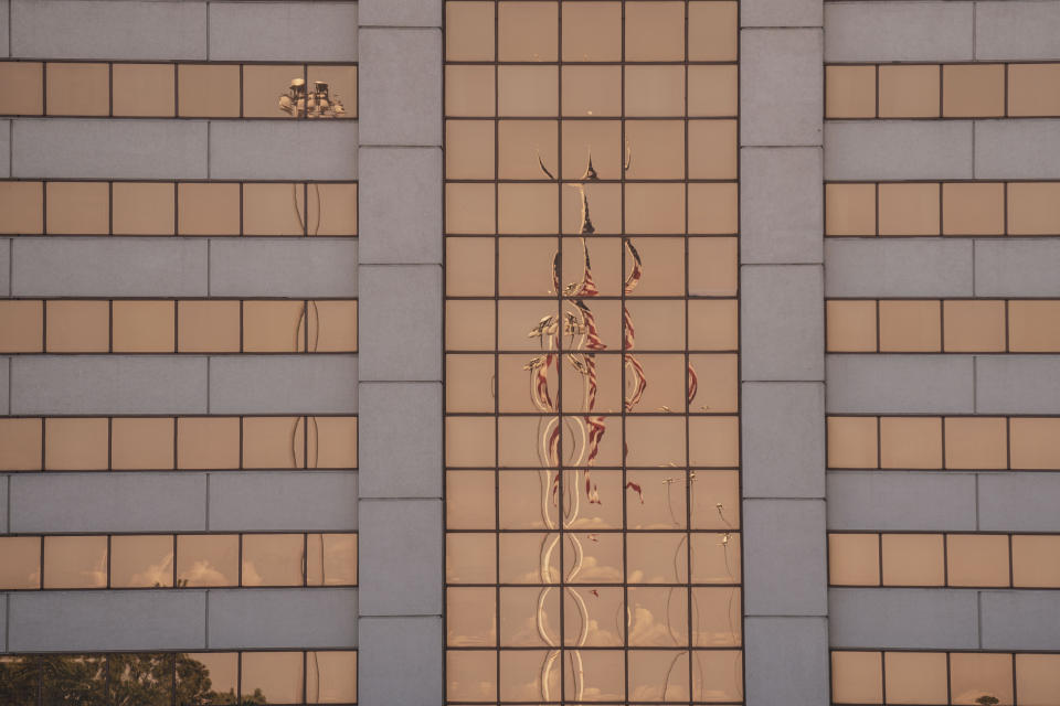 Reflections in the windows of the Gold Strike casino in Tunica.   (Andrea Morales for NBC News)