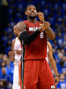 OKLAHOMA CITY, OK - JUNE 12: LeBron James #6 of the Miami Heat reacts in the first half while taking on the Oklahoma City Thunder in Game One of the 2012 NBA Finals at Chesapeake Energy Arena on June 12, 2012 in Oklahoma City, Oklahoma. NOTE TO USER: User expressly acknowledges and agrees that, by downloading and or using this photograph, User is consenting to the terms and conditions of the Getty Images License Agreement. (Photo by Ronald Martinez/Getty Images)