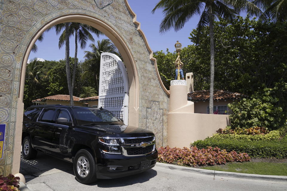 Former President Donald Trump's motorcade departs his Mar-a-Lago home, Monday, April 3, 2023, in Palm Beach, Fla. Trump is traveling to New York for his Tuesday arraignment on charges related to hush money payments. (AP Photo/Evan Vucci)