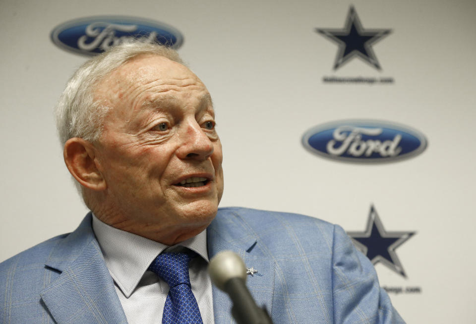 Cowboys owner Jerry Jones drew a line in the sand when it comes to players on his team kneeling. (AP) 