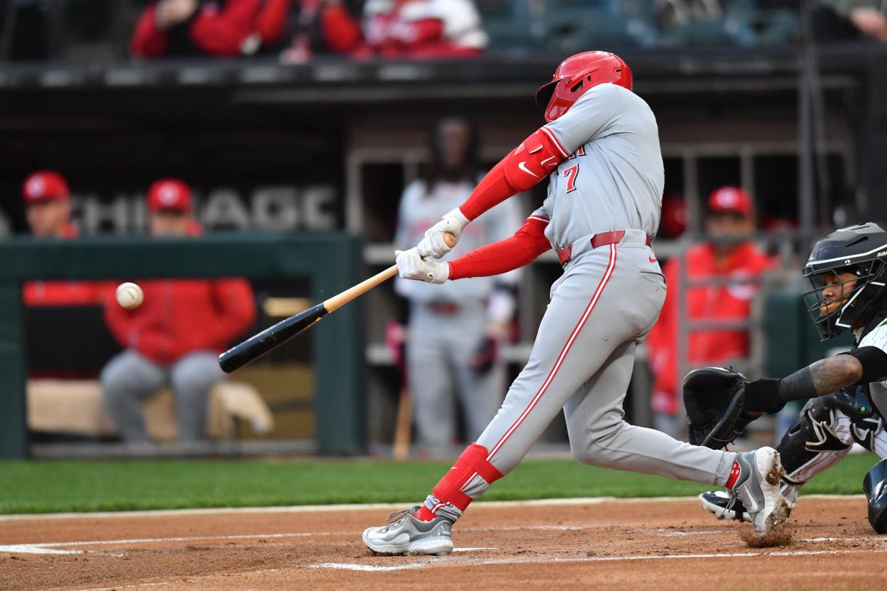 Reds left fielder Spencer Steer hits a double during the first inning against Chicago White Sox starter Chris Flexen Friday night. Judging recent history, that might not bode well for Flexen.