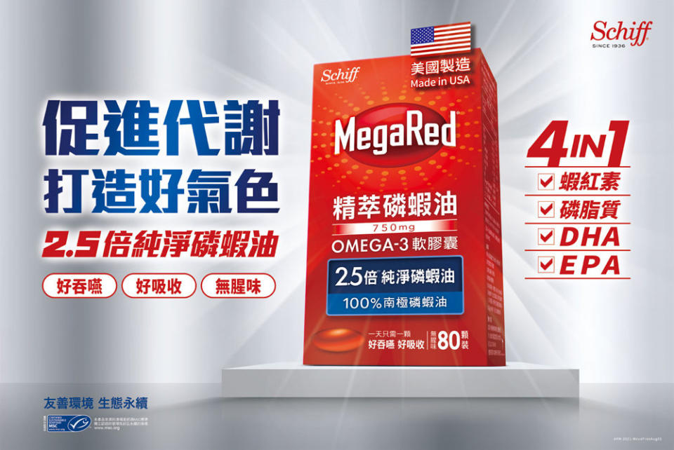 美國醫生推薦No.1 的MegaRed精萃磷蝦油，每顆軟膠囊中含有750mg的磷蝦油。(圖/利潔時台灣分公司提供)