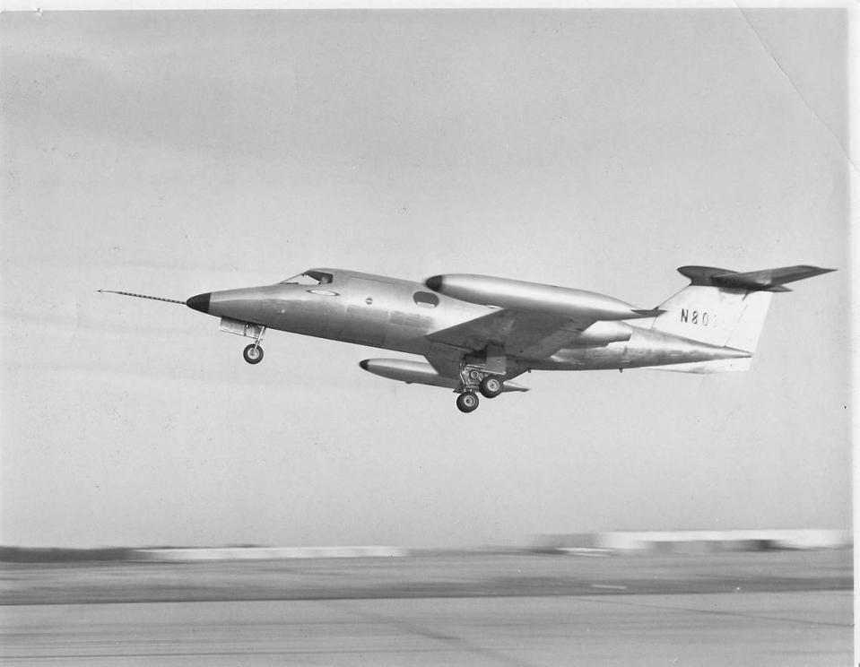 This photo captures the first flight of the original Learjet, which was a test plane. Due to pilot error, it crashed in June 1964. The pilots walked away but the plane had to be scrapped.