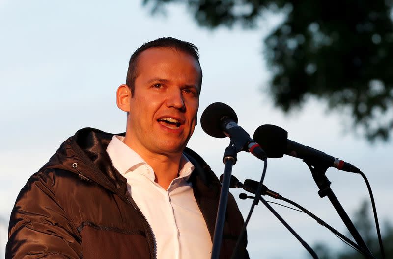 FILE PHOTO: Laszlo Toroczkai, leader of the far-right Our Home Movement political party, speaks during a protest against criminal attacks caused by youth, in Torokszentmiklos