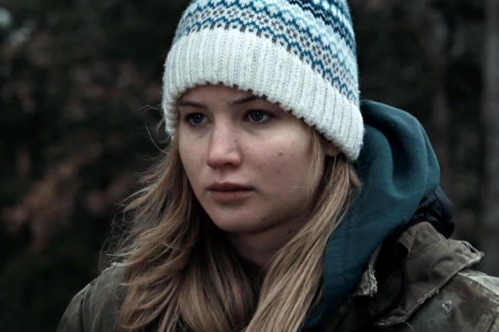 Jennifer Lawrence wears a white beanie in Winter's Bone.