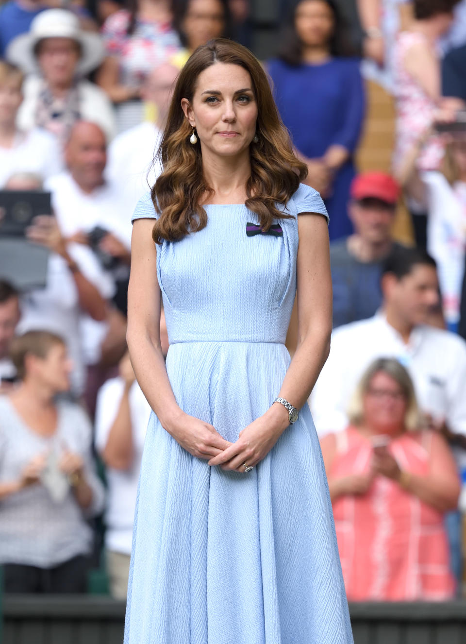 LONDON, ENGLAND - JULY 14: Catherine, Duchess of Cambridge on Centre court during Men's Finals Day of the Wimbledon Tennis Championships at All England Lawn Tennis and Croquet Club on July 14, 2019 in London, England. (Photo by Karwai Tang/Getty Images)