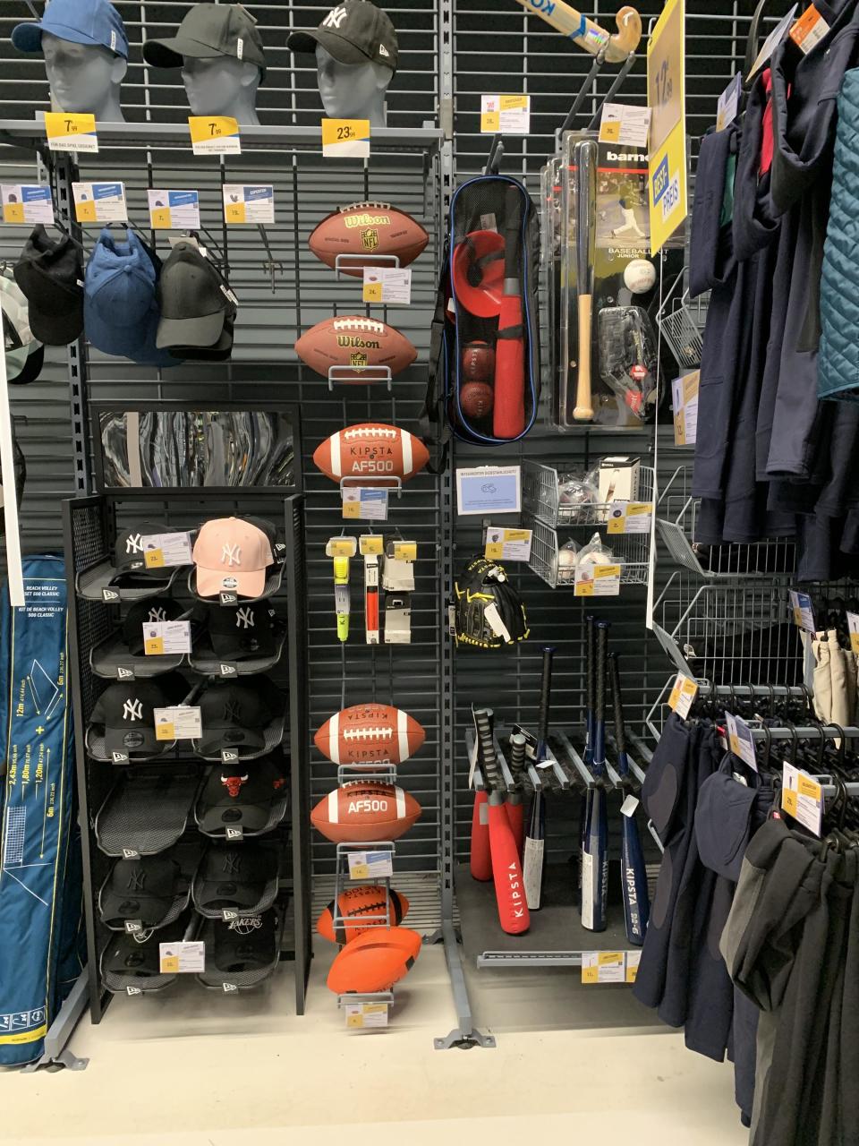 Mainly footballs and baseball caps and bats