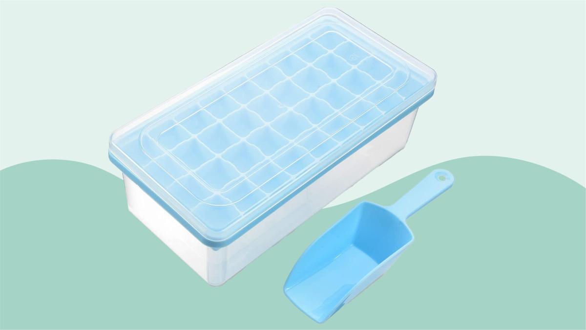 Yoove Ice Cube Tray With Lid and Bin- Silicone Ice Tray For Freezer, Comes  with Ice Container, Scoop and Cover