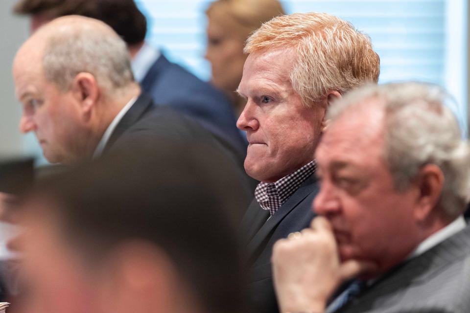 Jan 31, 2023; Walterboro, SC, USA; Alex Murdaugh listens to his cousin John Bedingham, a gun builder and DNR agent, testify about building three AR-15 style rifles for him during his trial for murder at the Colleton County Courthouse on Tuesday, January 31, 2023.  Mandatory Credit: Joshua Boucher/Pool via USA TODAY NETWORK