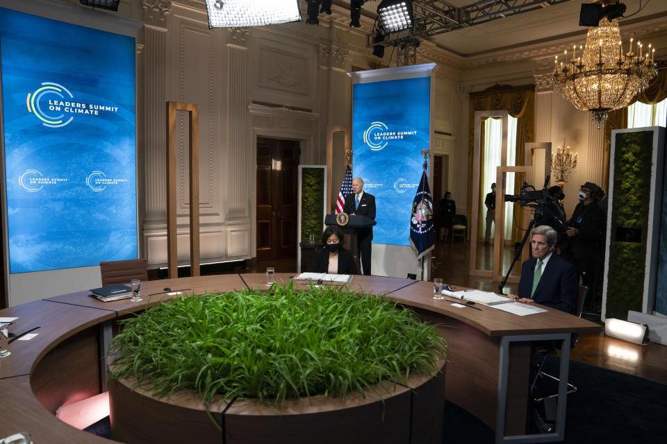 President Joe Biden speaks to the virtual Leaders Summit on Climate, from the East Room of the White House, Friday, April 23, 2021, in Washington. (AP Photo/Evan Vucci)