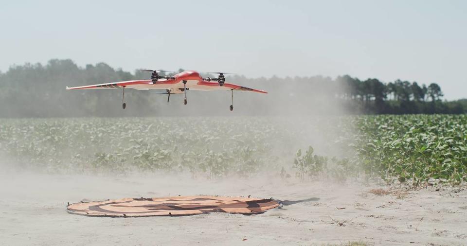 One of PrecisionHawk’s drones getting ready to fly over a field of crops. A lot of PrecisionHawk’s clients include agricultural companies who use the drones to capture data about crop yields and other data points.