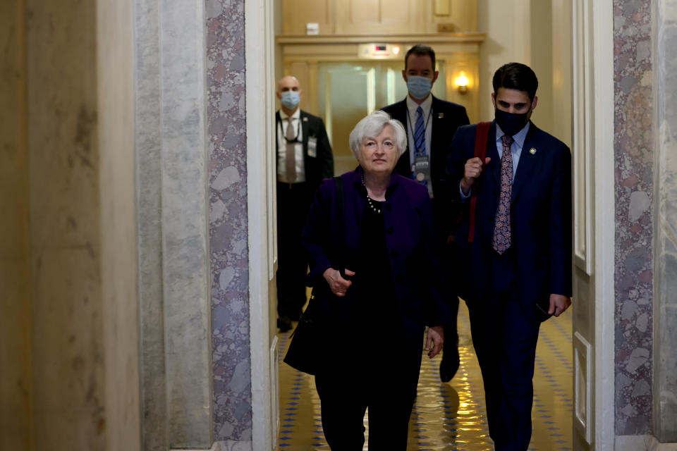 WASHINGTON, DC - AUGUST 03: Treasury Secretary Janet Yellen departs from a meeting in the U.S. Capitol Building on August 03, 2021 in Washington, DC. The Senate has moved on to the amendments process this week for the legislative text of the $1 trillion infrastructure bill, which aims to fund improvements to roads, bridges, dams, climate resiliency and broadband internet.  (Photo by Anna Moneymaker/Getty Images)