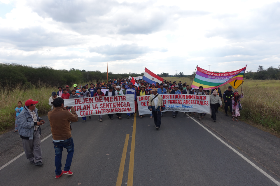 Enxet and Sanapaná Indigenous peoples of Paraguay protest in 2015 to demand land restitution and protection of their human rights. Joel E. Correia