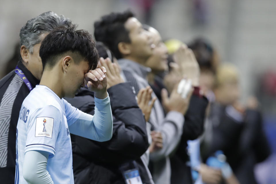 Thailand's Natthakarn Chinwong, left, brats into tears at the end of the Women's World Cup Group F soccer match between United States and Thailand at the Stade Auguste-Delaune in Reims, France, Tuesday, June 11, 2019. United States beat Thailand 13-0.(AP Photo/Alessandra Tarantino)