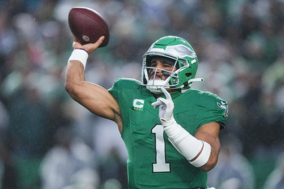 Philadelphia Eagles quarterback Jalen Hurts passes against the Buffalo Bills during the first half of an NFL football game Sunday, Nov. 26, 2023, in Philadelphia. (AP Photo/Matt Rourke)