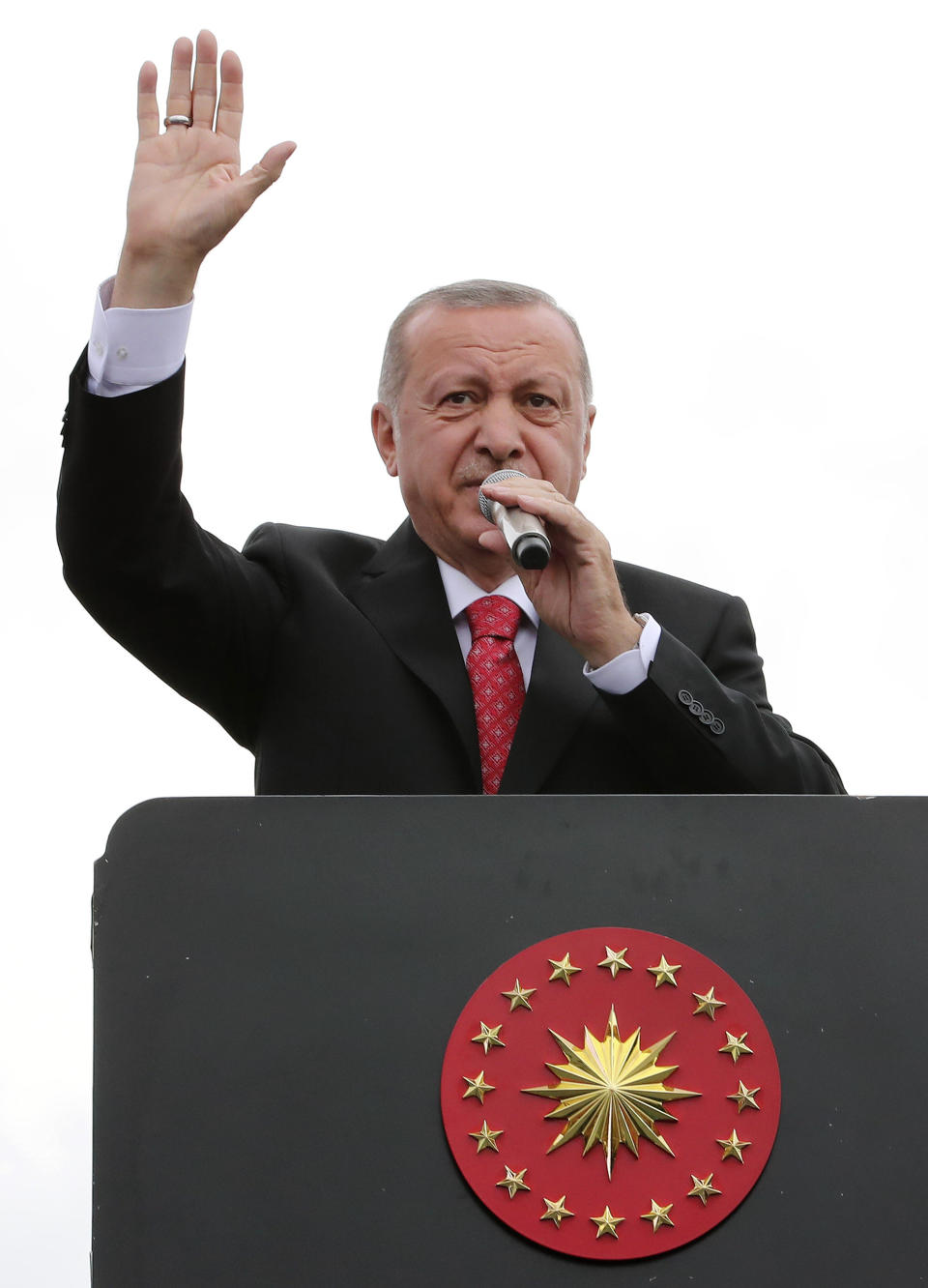 Turkey's President Recep Tayyip Erdogan, gestures as he talks during a campaign rally in Istanbul for the June 23 re-run of Istanbul elections, Wednesday, June 19, 2019. Erdogan has claimed that former Egyptian President Mohammed Morsi did not die of natural causes but that he was killed. At the campaign speech Erdogan offered as evidence the fact that the deposed president allegedly "flailed" in court for 20 minutes and that nobody assisted him. (Presidential Press Service via AP, Pool)