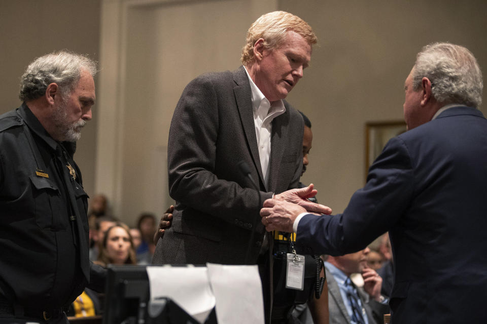 Alex Murdaugh is handcuffed at Colleton County Courthouse in Walterboro, S.C., on March 2, 2023. Murdaugh, a prominent attorney, was found guilty of murder in the 2021 shooting deaths of his wife and son. (Andrew J. Whitaker/The Post And Courier via AP, Pool)