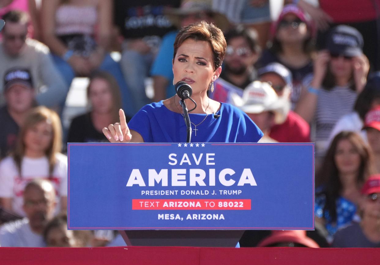 Republican gubernatorial candidate Kari Lake speaks at Legacy Sports Park on Oct. 9, 2022, before former President Donald Trump takes the stage to support local candidates.