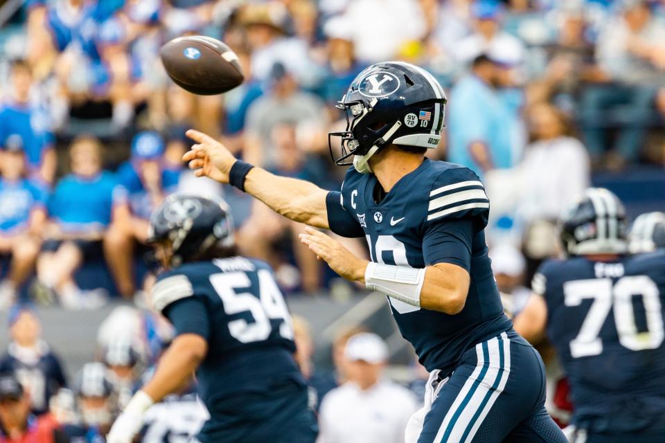 Brigham Young Cougars quarterback Kedon Slovis (10) throws the ball during the game against the Southern Utah Thunderbirds at LaVell Edwards Stadium in Provo on Saturday, Sept. 9, 2023.