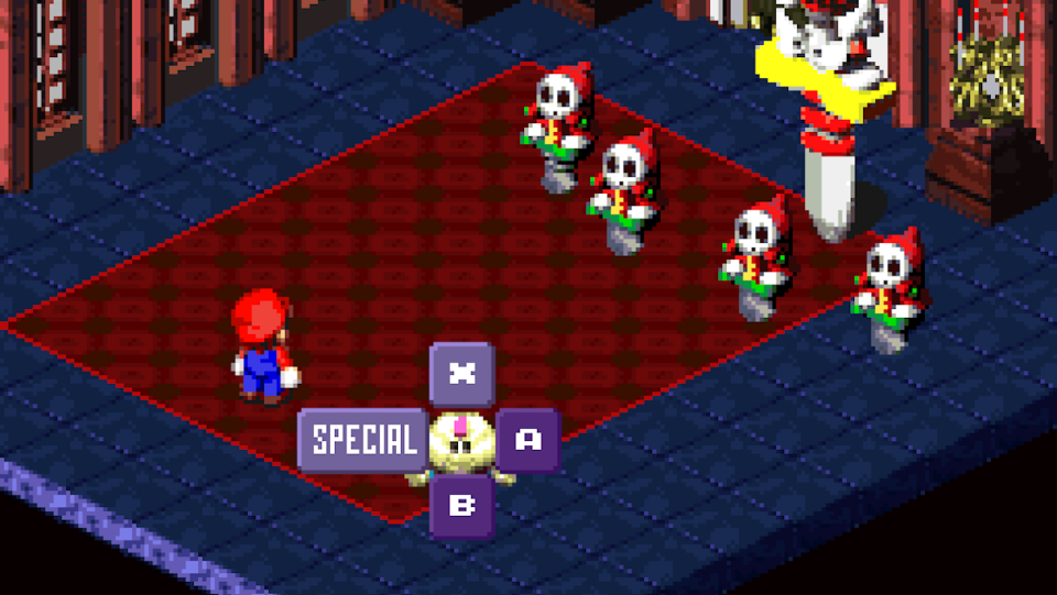 Mario and Mallow face off against a group of Shy Guys in the palace. Mallow chooses a special attack on the menu.