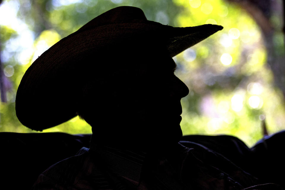 Cliven Bundy speaks from his ranch, Tuesday, April 9, 2024, in Bunkerville, NV. Ten years have passed since hundreds of protesters including armed riflemen answered a family call for help which forced U.S. agents and contract cowboys to abandon an effort to round up family cattle in a dispute over grazing permits and fees. Despite federal prosecutions, no family members were convicted of a crime. (AP Photo/Ty ONeil)