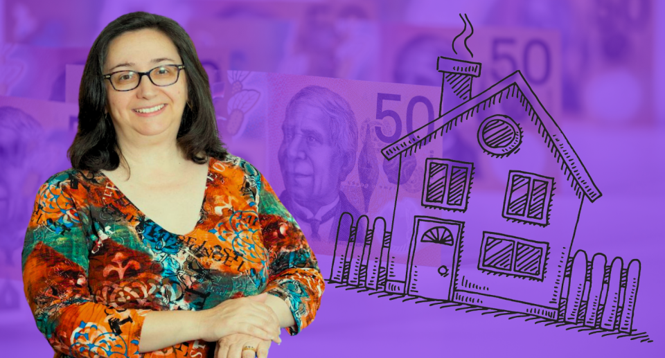 Stylised image of a woman, a cartoon house, on a background of $50 money notes.