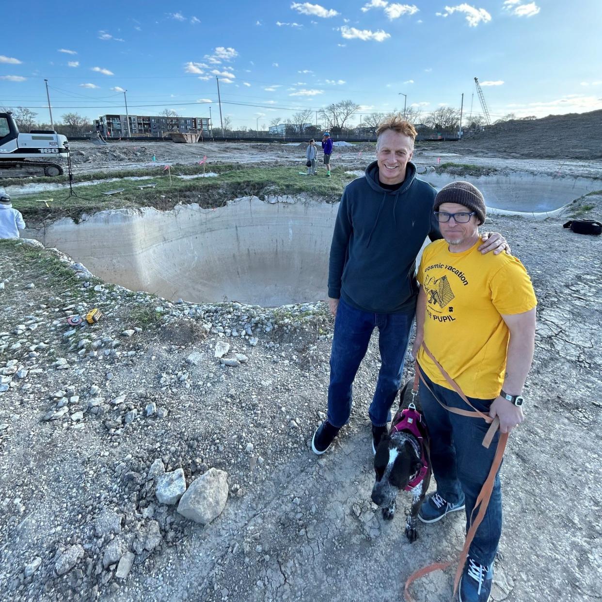 Legendary skateboarder Tony Hawk (left) is shown with fellow Turf supporter and skateboarder Marty Eldridge. Hawk visited The Turf in Greenfield on Sunday, April 21.