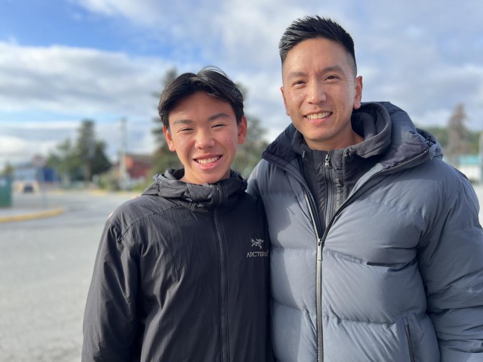 Cameron Lee and his dad Matthew recently brought 500 pieces of hockey equipment to Whitehorse to donate to players in need. 