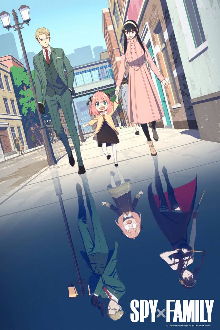 The Forger family walking down the sidewalk together with their reflection being their true self