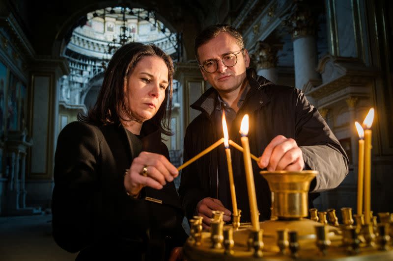 Germany's FM Baerbock and Ukrainian counterpart Kuleba visit damaged cathedral in Odesa