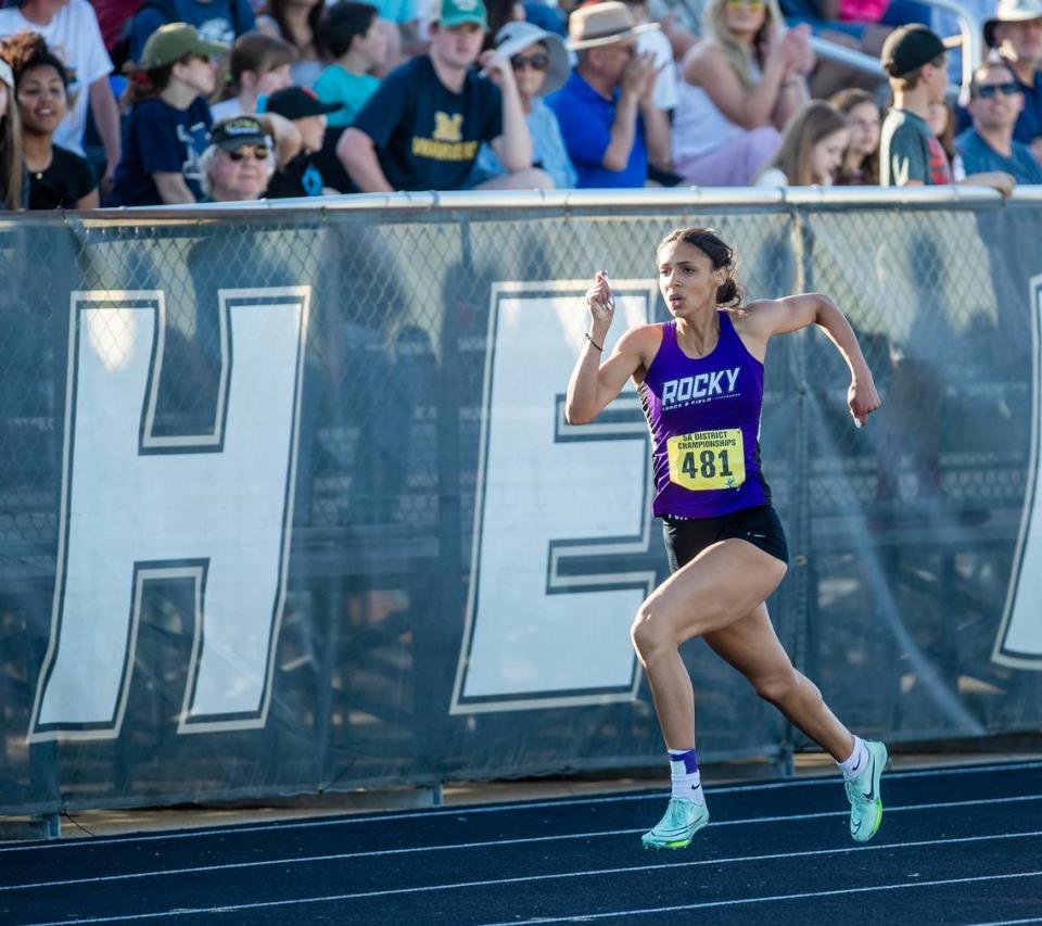 Rocky Mountain’s Ciara Brown won the girls 200 and 400 meters at the 5A District Three track and field championships Friday at Kuna High. Sarah A. Miller/smiller@idahostatesman.com