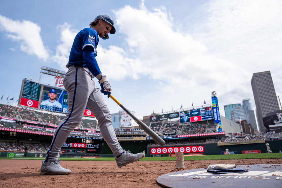 MINNEAPOLIS, MN - AUGUST 14: Bobby Witt Jr. #7 of the Kansas City Royals looks on against the Minnesota Twins on August 14, 2024 at Target Field in Minneapolis, Minnesota. (Photo by Brace Hemmelgarn/Minnesota Twins/Getty Images)