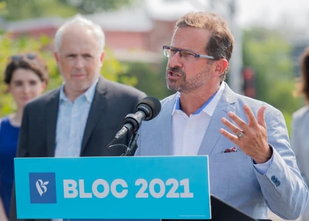 Bloc Quebecois Leader Yves-Francois Blanchet speaks to reporters during a federal election campaign stop in Longueuil, Que., on Aug. 20, 2021. Canadians will go to the polls on Sept. 20.  (Graham Hughes/The Canadian Press - image credit)