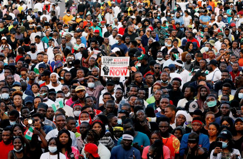 FILE PHOTO: Demonstrators gather during a protest over alleged police brutality in Lagos