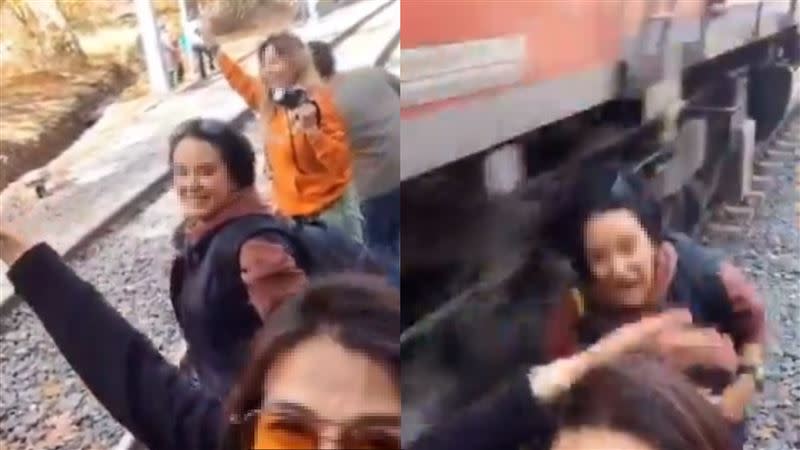 3名女遊客在鐵軌嬉鬧自拍，其中1人慘遭「火車高速撞上」。（圖／翻攝自X）